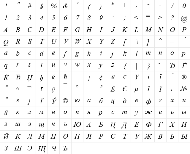 Times New Roman KOI8 Italic Character Map