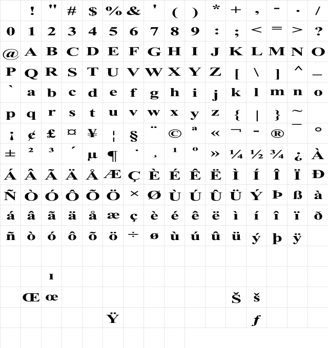 Times Roman Ex bold Bold Character Map