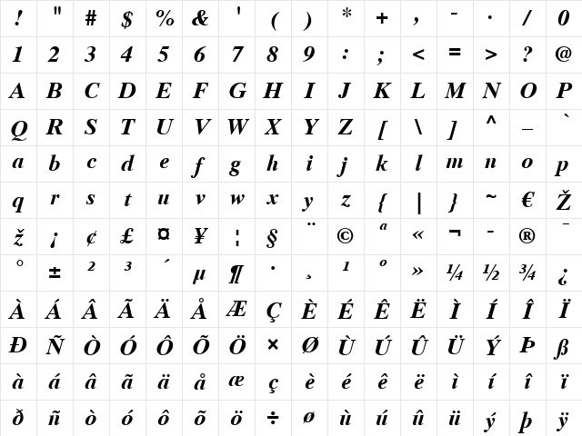 Times Ten CE Roman Bold Italic Character Map