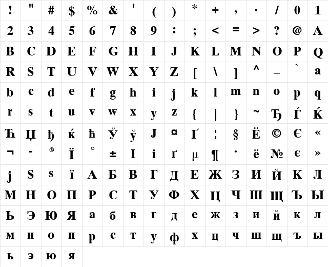 Times Ten Cyr Upright Bold Character Map