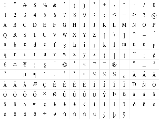 TimesNewRomanMT-Condensed Roman Character Map
