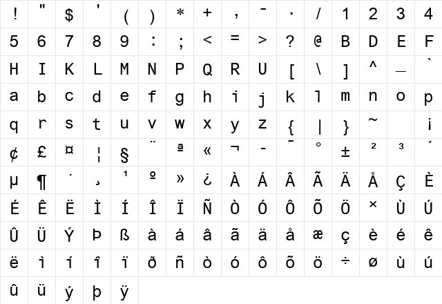 TI Uni Regular Character Map