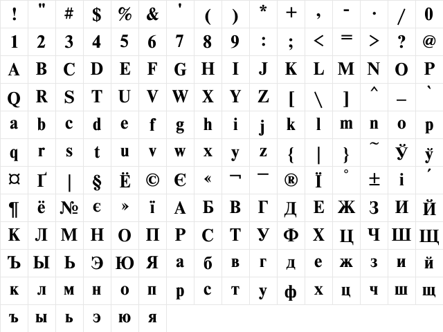 TimesDL Bold Character Map