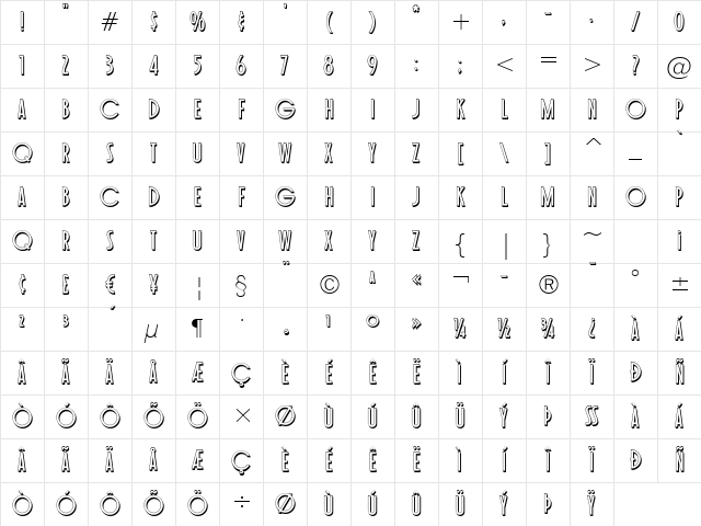 Toasted Vein BTN Shadow Regular Character Map Toasted Vein BTN Shadow Regular Character Map