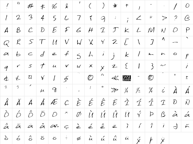 TobysHand Regular Character Map