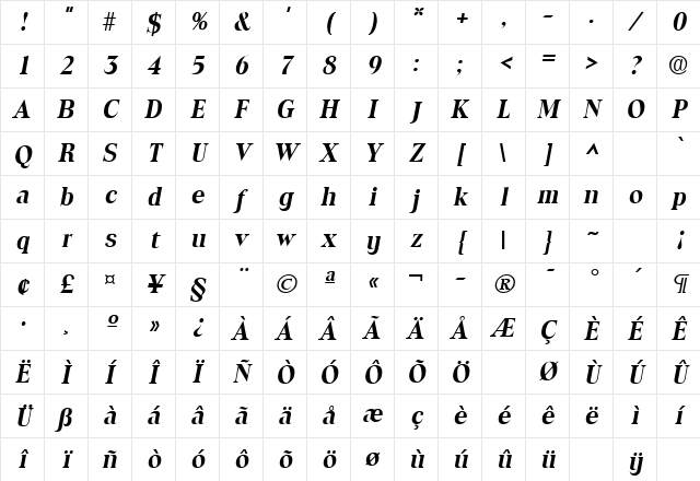 Toledo SF Bold Italic Character Map Toledo SF Bold Italic Character Map
