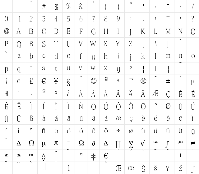 ToledoSerial-Xlight Regular Character Map
