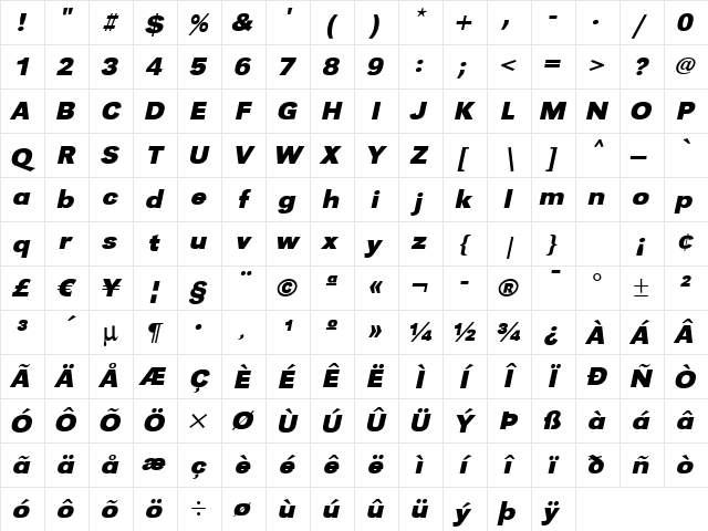 TomBeckerWide Bold Italic Character Map