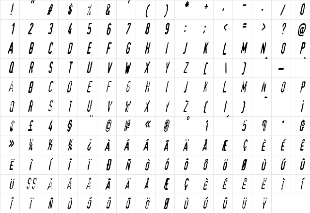 TopSecretCondensed Oblique Character Map