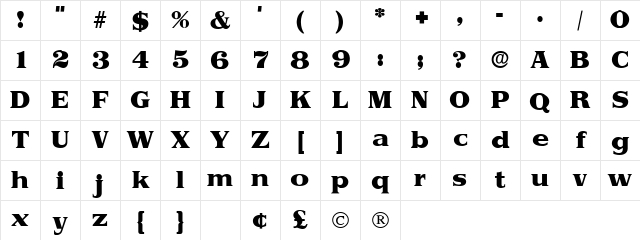 Torii Display SSi Regular Character Map Torii Display SSi Regular Character Map