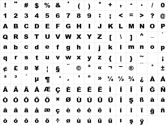TR Arial Black Regular Character Map