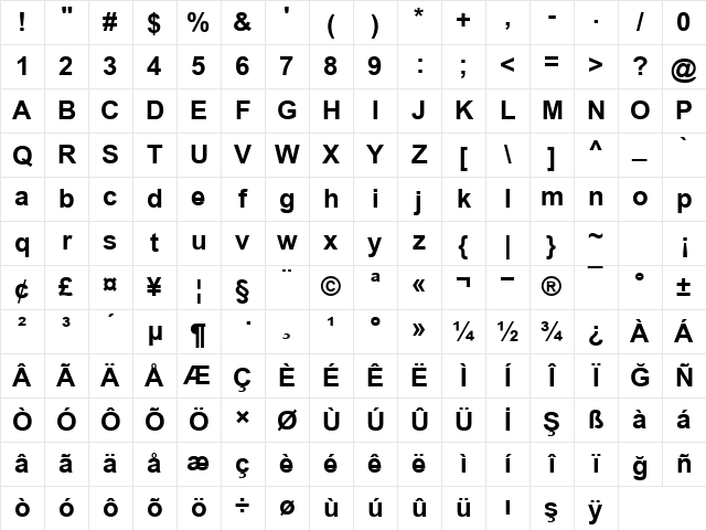 TR Arial Bold Character Map