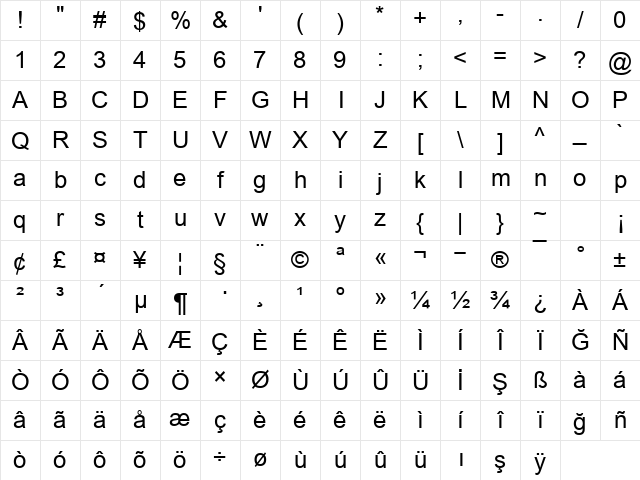 TR Arial Regular Character Map TR Arial Regular Character Map