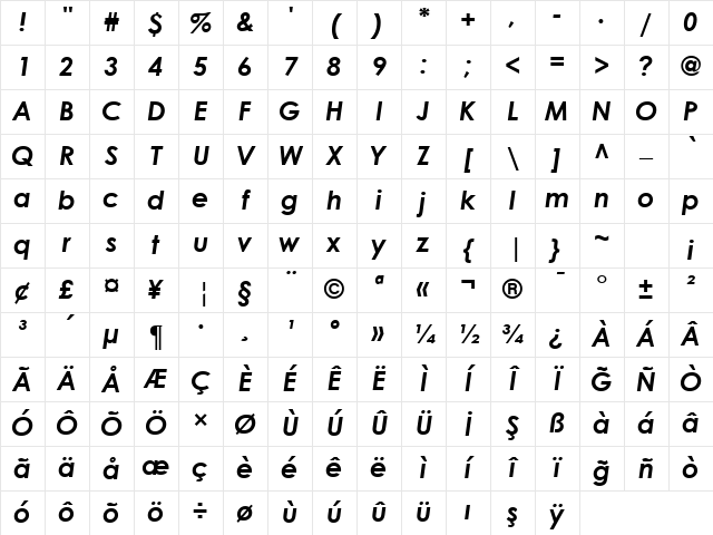 TR Century Gothic Bold Italic Character Map
