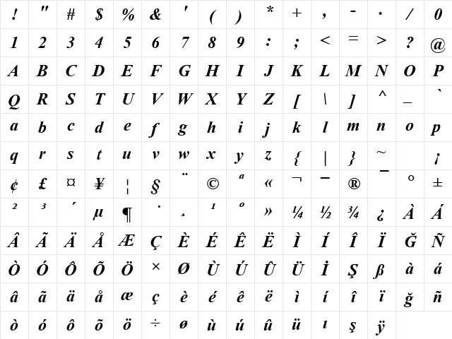 TR Times New Roman Bold Italic Character Map