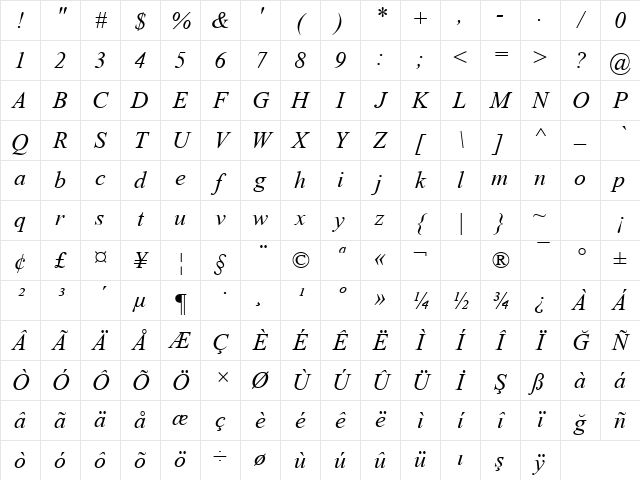 TR Times New Roman Italic Character Map