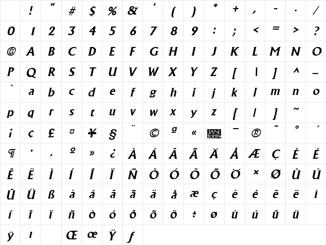 Acclaim Bold Italic Character Map Acclaim Bold Italic Character Map