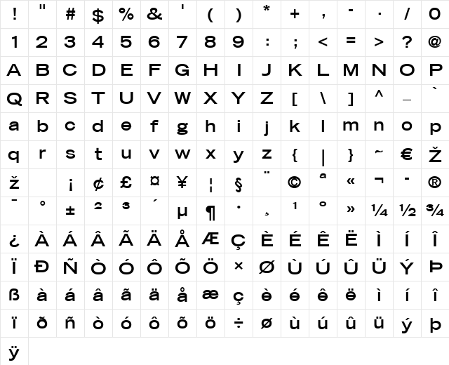 TradeGothic LT Extended Bold Character Map