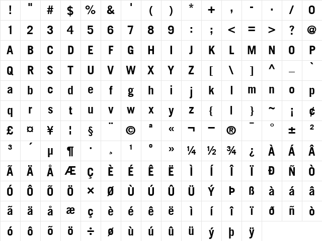 TradeGothic Bold Character Map