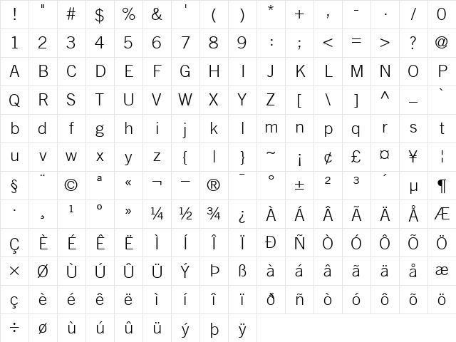 TradeGothic-Light Light Character Map