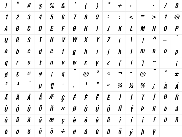 Trade Gothic LT Com Bold Condensed No. 20 Oblique Character Map