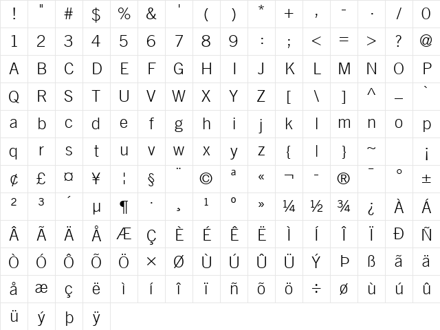 Trade Gothic LT Com Light Character Map