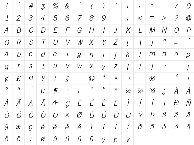 Trade Gothic LT Com Light Oblique Character Map Trade Gothic LT Com Light Oblique Character Map