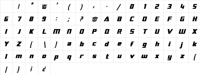 TransRobotics Bold Italic Character Map