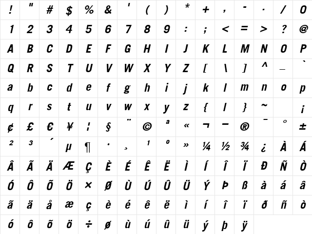 TransferGothic BoldItalic Character Map