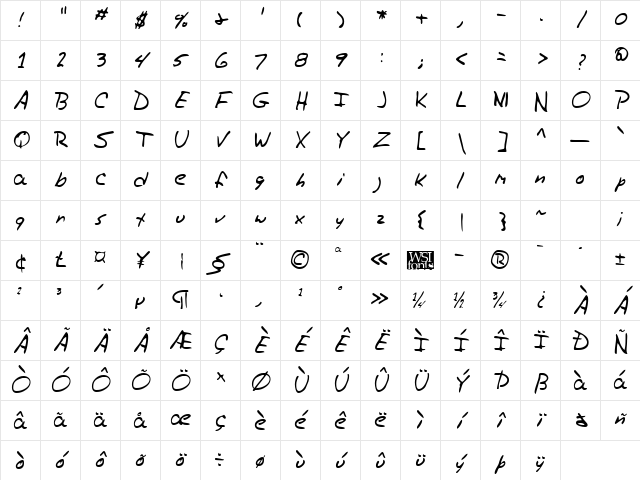 TrasksHand Regular Character Map