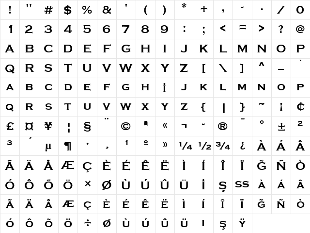 TRCopperplate Gothic Bold Regular Character Map
