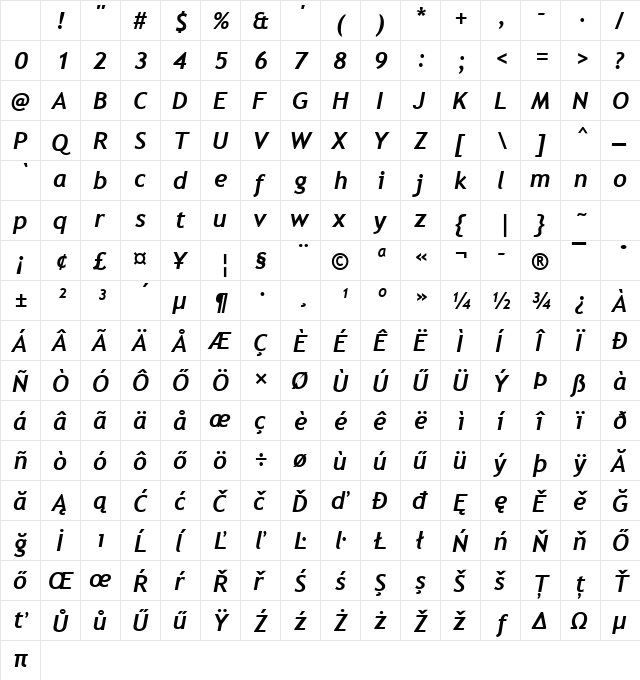 Trebuchet MS Hu Bold Italic Character Map