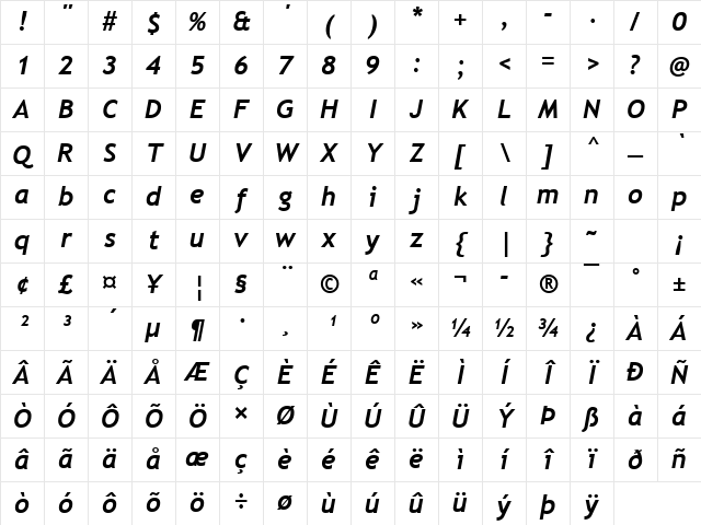 Trebuchet MS Bold Italic Character Map