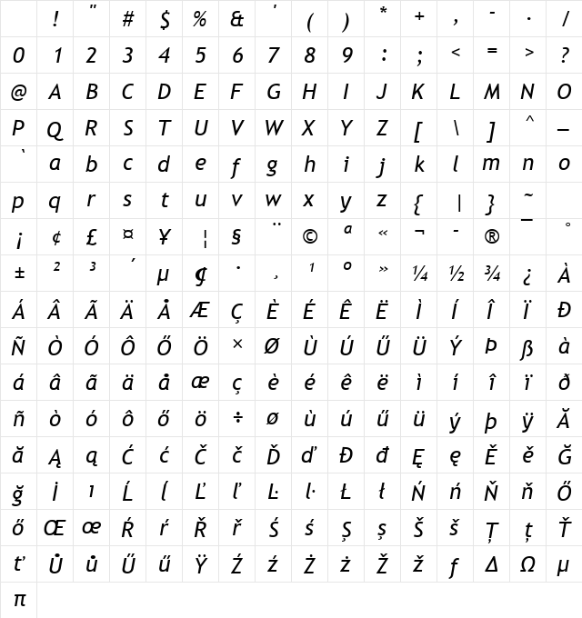 Trebuchet MS Hu Italic Character Map