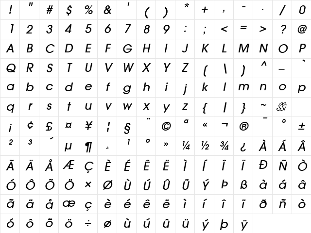 Trendex Light SSi Medium Italic Character Map