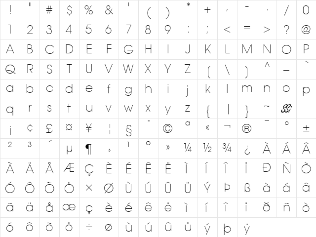 Trendex Light SSi Extra Light Character Map