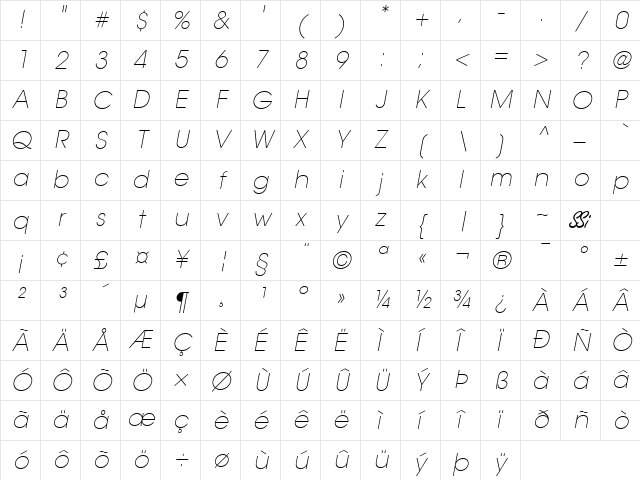 Trendex Light SSi Extra Light Italic Character Map