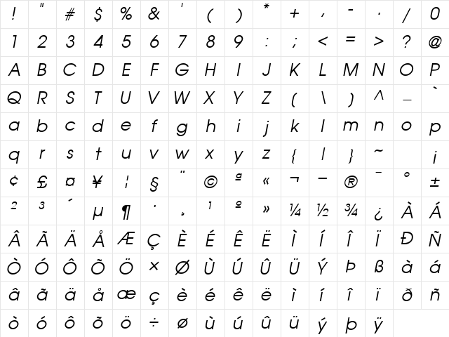 TrendexSSK Italic Character Map