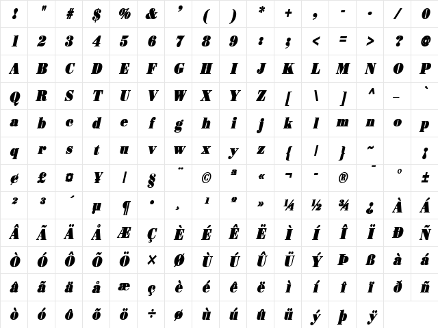 Beau Condensed BoldItalic Character Map