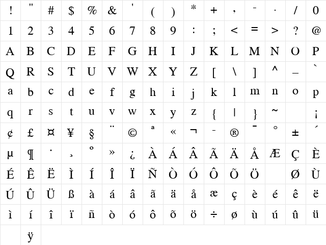Tribune Regular Character Map
