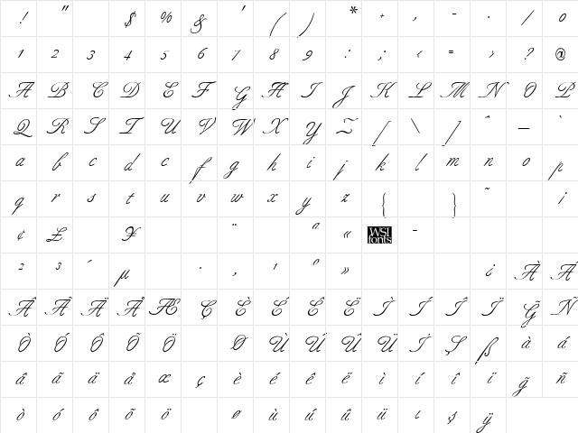 TrSah AllureScript Regular Character Map