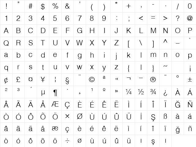 TrSahHelveticaLight Regular Character Map TrSahHelveticaLight Regular Character Map