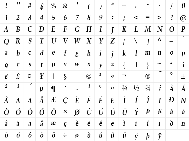 TrumpetLite BoldItalic Character Map