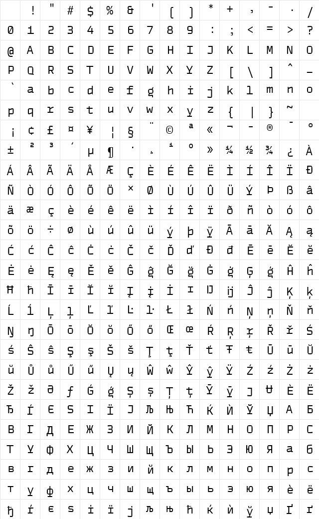 TT Autonomous Mono Trl Regular Character Map TT Autonomous Mono Trl Regular Character Map