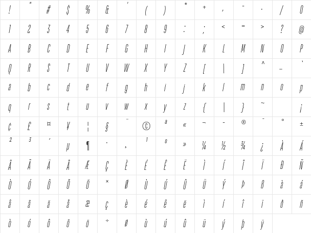 TT Bluescreens Trial ExtraLight Italic Character Map