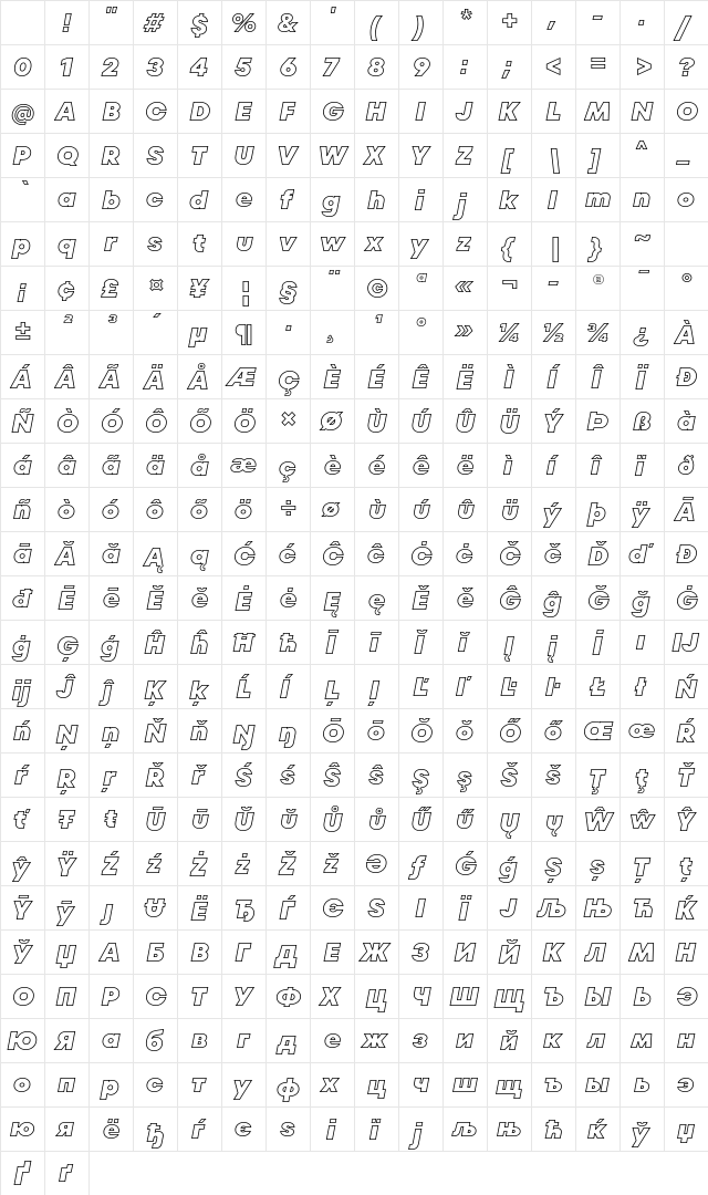 TT Fors Black Outline Italic Character Map