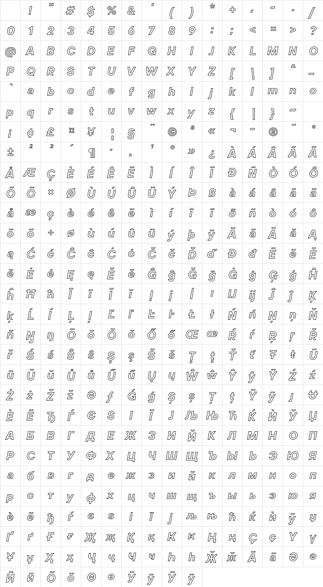 TT Hoves Pro Bold Outline Italic Character Map