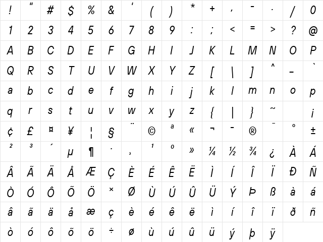 TT Hoves Pro Trl Cnd Italic Character Map TT Hoves Pro Trl Cnd Italic Character Map
