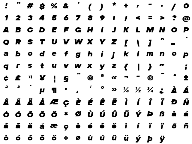 TT Hoves Pro Trl Expanded Black Italic Character Map