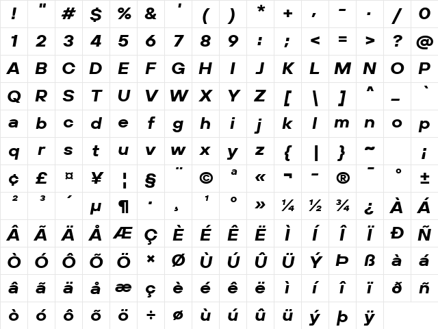 TT Hoves Pro Trl Expanded Bold Italic Character Map TT Hoves Pro Trl Expanded Bold Italic Character Map